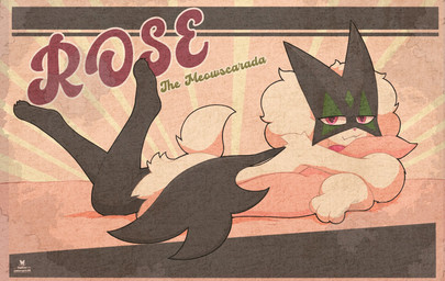 ambiguous_gender anthro claws fur green_body green_fur green_hair hair looking_at_viewer lying on_front pink_eyes pose poster retro solo tail text weathered razgrizdl nintendo pokemon rose_(razgrizdl) felid feline generation_9_pokemon mammal meowscarada pokemon_(species) 2025 character_name english_text hi_res pinup signature female_(lore)