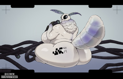 antennae_(anatomy) anthro big_butt black_eyes butt cable eating female fur huge_butt solo white_body white_fur wide_hips jezzlen bungie marathon_(series) arthropod insect lepidopteran moth hi_res