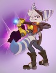 anthro boots clothed clothing ear_piercing ear_ring eyewear eyewear_on_head female footwear goggles goggles_on_head holding_object looking_at_viewer looking_back looking_back_at_viewer mechanical_arm piercing ring_piercing scarf shoes solo kyuuoku ratchet_and_clank sony_corporation sony_interactive_entertainment rivet_(ratchet_and_clank) lombax mammal absurd_res hi_res