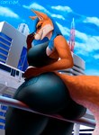 5_fingers anthro blue_eyes blue_hair butt butt_focus clothed clothing cloud detailed_background eyewear female fingers fur glasses hair looking_at_viewer outside solo goatesque canid canine fox mammal 2023 absurd_res digital_media_(artwork) hi_res