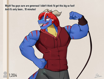 4_fingers anthro biceps blue_body blue_markings body_size_growth bottomwear broad_shoulders claws clothing facial_hair facial_markings fingers flexing flexing_bicep goatee growth hair head_markings hoodie horn livestream long_hair looking_at_viewer male markings multicolored_body muscle_growth muscle_inflation muscular muscular_anthro muscular_arms muscular_male mutton_chops open_mouth pants pecs pink_eyes red_stripes simple_background size_transformation sleeveless_clothing small_waist solo stripes tail teeth text tight_clothing topwear transformation yellow_body unusualboo54 rakeesh kobold scalie 2026 digital_media_(artwork) english_text hi_res