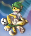 animal_genitalia anthro anus ball balls biped blush clothing fur genitals green_eyes green_hair hair looking_at_viewer male mascot nude open_mouth pawpads paws penis penis_tip sheath short_hair shota sitting soccer soccer_ball solo south_africa sport tail text tongue undressing world_cup young young_anthro young_male zenthetiger fifa zakumi felid leopard mammal pantherine 2010 hi_res