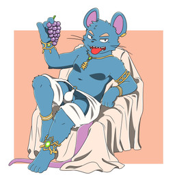 anthro balls barely_visible_balls barely_visible_genitalia biped black_nose blue_body blue_fur bulge clothing food fruit fur genitals grape kemono male moobs navel plant sitting solo tail tongue tongue_out underwear letter_route mammal mouse murid murine rodent 2026 hi_res