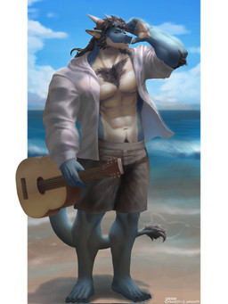 abs acoustic_guitar anthro barefoot beach black_hair blue_body blue_scales blue_skies body_hair bottomwear chest_hair clothing cloud ear_piercing ear_ring facial_hair feet goatee guitar hair happy_trail hoodie horn humanoid_pointy_ears long_hair male muscular muscular_male musical_instrument navel piercing plucked_string_instrument pointy_ears ponytail pubes raised_arm red_eyes ring_piercing scales sea seaside shorts sideburns solo string_instrument tail tail_tuft tan_body tan_scales topwear tuft water white_clothing white_hoodie white_topwear absok29 anothereidos_of_dragon_vein_r mythology folker_(anothereidos_r) dragon mythological_creature mythological_scalie scalie 3:4 hi_res