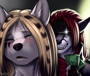 anthro blonde_hair brown_hair clothed clothing duo eyes_closed fangs female fur grey_body grey_fur hair money open_mouth red_hair simple_background smile teeth tongue white_body white_fur hastogs fallout microsoft katinka_vexoria koul_fardreamer tunnel_snakes_(fallout) canid canine canis mammal wolf 2015