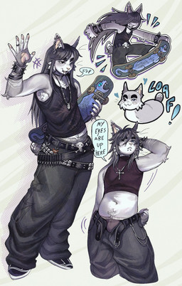 anthro belt black_clothing black_shirt black_tank_top black_topwear bottomwear clothing female grey_body grey_bottomwear grey_clothing grey_hair grey_pants hair pants shirt skateboard solo tank_top text topwear vehicle wolfertinger hitomi_(wolfertinger) domestic_cat felid feline felis mammal english_text hi_res trans_(lore) trans_woman_(lore)