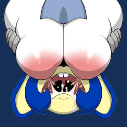 anthro blue_hair bodily_fluids breast_grab breastfeeding breasts buckteeth duo ears_down hair hand_on_breast lactating milk nipples pink_nipples pivoted_ears teeth uvula white_breasts flashpointgear lagomorph leporid mammal rabbit hi_res meme reaction_image