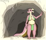 2024 3_toes 5_fingers absurd_res anthro belly big_belly big_breasts bottomwear breasts cave claws clothing dweevil fangs feet female fingers hi_res humanoid_hands kobold loincloth mayternity mayternity_2024 pink_body pink_scales pregnant pregnant_anthro pregnant_female scales signature smile solo standing teeth toe_claws toes
