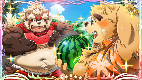 anthro belly blush brown_body brown_fur duo eyes_closed eyewear food fruit fur glasses humanoid_hands kemono male melon navel outside overweight overweight_male plant tropical watermelon watermelon_slice rossciaco lifewonders tokyo_afterschool_summoners goemon_(tas) volos_(tas) bear canid canine mammal raccoon_dog tanuki 2021 official_art