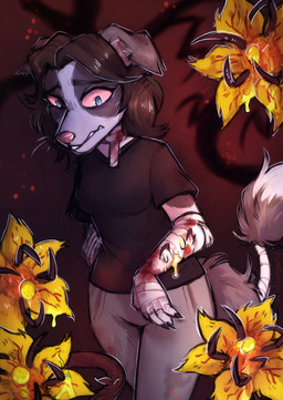 anthro bandage bandaged_arm bandaged_neck bandaged_tail blood bodily_fluids bottomwear clothing curly_hair female flower growing_plants hair pants pink_nose plant shirt t-shirt topwear worried_look lonerdemiurge artfight dead_by_daylight absurd_res hi_res