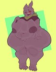 anthro big_breasts big_butt breasts butt clothing female genitals looking_at_viewer nipples nude overweight purple_body pussy sharp_teeth simple_background smile solo teeth thick_thighs wide_hips eldiipiid nintendo pokemon plump_(character) generation_1_pokemon gengar pokemon_(species) absurd_res hi_res