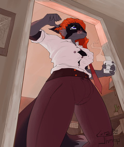 5_fingers anthro big_tail blue_eyes book bottomwear breasts bulge button_(fastener) cactus calendar clothed clothing collared_shirt container cup detailed_background doorway dress_shirt eyewear fingers fluffy fluffy_tail fur glasses gynomorph hair intersex lamp low-angle_view mature_gynomorph mature_intersex mug multicolored_body multicolored_fur pants picture_frame plant red_bottomwear red_clothing red_hair red_pants shirt smile solo steam straining_buttons sunset tail text topwear white_clothing white_shirt white_topwear grayteshrimp canid canine fox mammal digital_drawing_(artwork) digital_media_(artwork) english_text hi_res shaded watermark