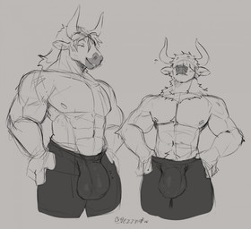 2_horns anthro balls_outline big_bulge big_muscles big_pecs bottomwear bulge clothing detailed_bulge duo genital_outline hands_on_hips horn male muscular pants pecs penis_outline shirtless_anthro shirtless_male smile tight_bottomwear tight_clothing tight_pants jezzlen european_mythology greek_mythology mythology iason_avarta logan_(jezzlen) bovid bovine cattle mammal minotaur hi_res monochrome sketch