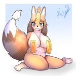 anthro big_breasts blonde_hair breasts clothed clothing female fluffly fur hair kemono milk skimpy slightly_chubby slightly_chubby_anthro slightly_chubby_female solo tail yellow_body yellow_fur ncize canid canine fox mammal 1:1 absurd_res colored digital_drawing_(artwork) digital_media_(artwork) hi_res