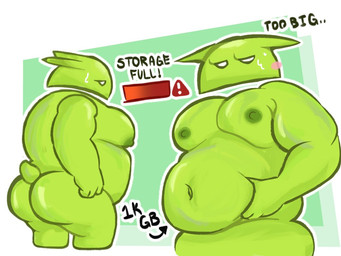 antennae_(anatomy) anthro awkward belly belly_grab belly_squeeze big_butt big_muscles big_pecs blush bodily_fluids butt dialogue green_body looking_down machine male muscular muscular_anthro muscular_male overweight overweight_anthro overweight_male pecs slightly_chubby solo squeezing sweat tail text crococola bugdroid humanoid robot robot_humanoid 4:3