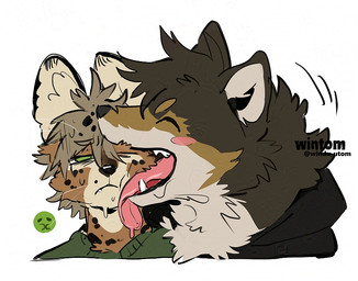 ambiguous_gender anthro black_clothing black_topwear brown_body brown_ears brown_fur cheek_lick clothing duo emoji eyes_closed face_lick front_view fur fur_tuft green_clothing green_topwear grey_body grey_fur inner_ear_fluff licking markings monotone_background monotone_inner_ear mouth_closed multicolored_body multicolored_fur narrowed_eyes one_eye_closed open_mouth open_smile sharp_teeth side_view simple_background smile snaggle_tooth spots spotted_body spotted_fur tan_body tan_fur teeth text tongue tongue_out topwear tuft white_background wintom canid canine felid mammal artist_name colored_sketch digital_drawing_(artwork) digital_media_(artwork) sketch