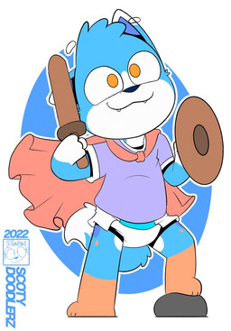 anthro cape cardboard cardboard_shield cardboard_sword cardboard_weapon clothing diaper fangs front_view male male_anthro smile solo standing teeth toddler young young_anthro young_male conditional_dnp scoty_doodlerz canid canine mammal 2022 hi_res watermark