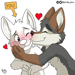 anthro blush brown_markings cheek_tuft closed_smile duo facial_tuft front_view fur glistening glistening_eyes grey_body grey_fur happy head_tuft heart_symbol kissing logo male markings mouth_closed nude side_view simple_background smile tuft white_background white_body white_fur young young_anthro young_male pandapaco canid canine mammal 1:1 artist_logo signature