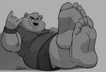 5_toes anthro band-aid bandage barefoot claws clothed clothing feet foot_fetish foot_focus gesture humanoid_feet male overweight overweight_anthro overweight_male paws plantigrade soles solo toes tongue tongue_out dj-rodney darrel_(dj-rodney) bear brown_bear mammal ursine monochrome