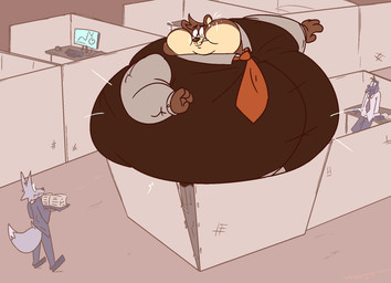 anthro beak belly bodily_fluids body_inflation brown_body brown_fur clothed clothing computer_monitor cubicle desk detailed_background expansion feathers flying_sweatdrops fur furniture grey_body grey_fur group holding_object inflation inside leaning leaning_backward male motion_lines necktie office solo_focus standing stuck surprised sweat sweatdrop swollen_cheeks table tight_clothing toony trio worried kikatsu avian canid canine canis mammal mustelid otter wolf hi_res