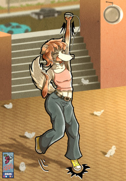 anthro belt bottomwear clothed clothing dancing denim denim_bottomwear denim_clothing excited excited_female female fur hair happy jeans jumping multicolored_body multicolored_fur music pants piercing public red_hair smile solo borzoi canid canine canis domestic_dog hunting_dog mammal sighthound hi_res