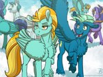 amber_eyes blonde_hair blue_body blue_eyes blue_fur cloud duo_focus female fur green_body green_fur green_hair group hair hooves male wings inuhoshi-to-darkpen friendship_is_magic hasbro my_little_pony mythology lightning_dust_(mlp) sky_stinger_(mlp) equid equine mammal mythological_creature mythological_equine pegasus 2021 cousins_(lore)