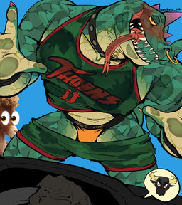 anthro basketball_uniform blush bottomwear bottomwear_down choker claws clothed clothing collar duo emoji facial_piercing green_body green_bottomwear green_clothing green_scales green_shorts jewelry male multicolored_body muscular muscular_anthro muscular_male necklace nose_piercing open_mouth orange_clothing orange_underwear partially_clothed piercing scales seducing_viewer seductive sharp_teeth shirt shorts shorts_down spikes spikes_(anatomy) sportswear tank_top teeth text text_on_clothing text_on_underwear thick_thighs tongue tongue_out tongue_piercing topwear underwear uniform yellow_sclera makota_toh goat_(movie) sony_corporation sony_pictures background_character modo_olachenko komodo_dragon lizard monitor_lizard reptile scalie absurd_res hi_res