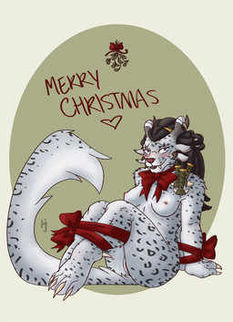 anthro bdsm biped blush bondage bound breasts dreadlocks female genitals kissing_bough looking_at_viewer mistletoe nipples nude plant ribbons sitting solo submissive submissive_female vulva valiushtha guild_wars charr felid mammal hi_res