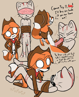 anal anal_penetration animal_print anthro balls bdsm biped blindfold bodily_fluids bondage bound bridge_position bulge cow_print cowboy_outfit cum cum_on_face cum_while_penetrated dialogue dipstick_tail dominant dominant_male duo empty_eyes erection eyes_closed forced frown fur genital_fluids genitals glans heart_symbol homophobic_slur humanoid_genitalia humanoid_penis kerchief male male/male male_dominating_male male_penetrated male_penetrating male_penetrating_male markings masturbation neckerchief neckwear orange_body orange_fur penetration penile penile_penetration penis plap questionable_consent rope sex sheriff_badge smile standing submissive submissive_male tail tail_markings text underwear_on_face whiskers mrdegradation autumn_(mr._fox) canid canine felid feline fox mammal english_text hi_res