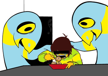 anthro bodily_fluids brown_hair clothing comforting crying eating food forced_to_eat furniture group hair hand_on_shoulder male multicolored_body multicolored_clothing multicolored_sweater multicolored_topwear normalnpc saliva saliva_string shaking sweater table takoyaki tears topwear trio yellow_body yellow_sclera juiccbox blank_room_soup deltarune undertale undertale_(series) gaster kris_dreemurr avian bird human mammal hi_res