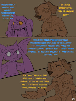 ambiguous_gender anthro big_ears blue_text cloak clothed clothing comic_panel confusion dialogue duo ears_down empty_eyes gloves handwear holding_both_ears kneeling pivoted_ears purple_body text wings yellow_eyes yellow_text conditional_dnp dacad tyler_(dacad) zipper_(dacad) bat canid canine mammal comic hi_res restricted_palette
