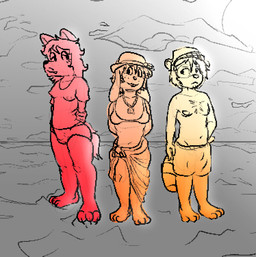 anthro beach bikini bikini_top bulge clothed clothing cloud collar feet floppy_ears group gynomorph intersex lips male nipple_outline sarong sea seaside smile standing swimwear tail thick_lips trio two-piece_swimsuit water krisfe canid canine hybrid lagomorph leporid mammal rabbit raccoon_dog tanuki