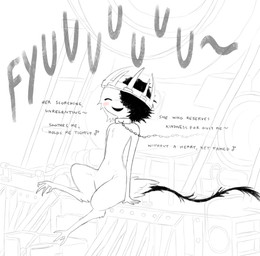 anthro avian_feet black_tail chain collar crown digitigrade happy headgear machine male male_anthro open_mouth open_smile singing sitting smile solo split_color_hair tail text train vehicle jejejunum ember_(jejejunum) hellmouth_(jejejunum) avian demon fraid_(species) 2026 black_and_white digital_media_(artwork) english_text firealpaca_(artwork) hi_res monochrome