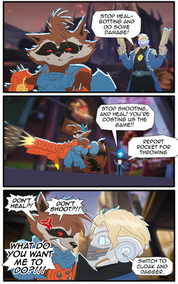 angry blonde_hair bodily_fluids cross-popping_vein dialogue duo ear_piercing gun hair mask piercing ranged_weapon red_eyes red_sclera social_commentary sweat sweatdrop text weapon ariesartist guardians_of_the_galaxy marvel marvel_rivals rocket_raccoon starlord human mammal procyonid raccoon absurd_res comic english_text hi_res