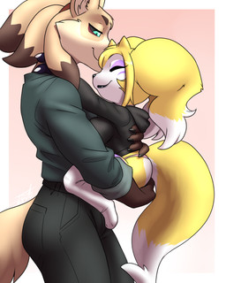 black_body black_fur brown_body brown_fur clothing female fur grin hoodie hug legwear male markings panties size_difference smile stockings topwear underwear white_body white_fur yellow_body yellow_fur furball asian_mythology bandai_namco digimon east_asian_mythology japanese_mythology mythology genji renimpmon renimpmon_x canid canine demon digimon_(species) fox imp mammal yokai 4:5 hi_res