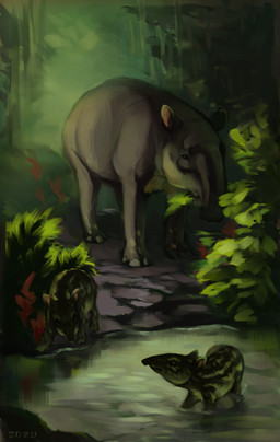 feral forest group plant puddle tree trio alexpahomov mammal tapir 2020 hi_res tagme parent_(lore) parent_and_child_(lore) sibling_(lore) twins_(lore)