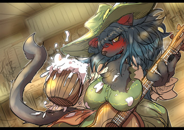 acoustic_guitar alcohol anthro bar bard beverage black_bars black_body black_fur blush clothed clothing drunk female fur guitar hair inside looking_at_another looking_at_viewer musical_instrument open_mouth plucked_string_instrument solo string_instrument substance_intoxication yellow_eyes mttbsmn felid mammal pantherine absurd_res hi_res letterbox