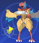 aarqon abs absurd_res anthro archen avian beak big_breasts big_nipples blue_body blue_feathers bottomwear breast_implants breasts clothing english_text erect_nipples feathers female fossil_pokemon gameplay_mechanics generation_5_pokemon hi_res hotpants huge_nipples mostly_nude muscular muscular_female nintendo nipple_piercing nipples open_mouth piercing pokemon pokemon_(species) red_body red_feathers shirt shorts solo stats tank_top text thick_thighs topwear yellow_body yellow_feathers