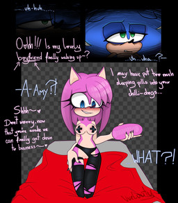 anthro blue_eyes clothing dialogue duo female fur hair male male/female pasties pink_body pink_fur pink_hair sex_toy torn_clothing vvelocity sega sonic_the_hedgehog_(series) amy_rose sonic_the_hedgehog absurd_res hi_res