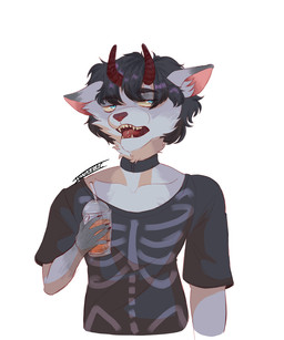 anthro beverage claws clothing coffee collar demonic horn male open_mouth shirt solo t-shirt topwear frank22young canid canine demon fox hybrid mammal 5:6 absurd_res hi_res portrait sketch