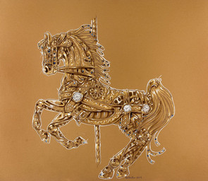 ambiguous_gender amusement_ride blue_eyes bridle carousel clock feral machine pole reins saddle solo heather_bruton equid equine horse mammal 2014 tan_theme