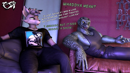 anthro black_body black_clothing black_fur black_highlights black_sclera black_shirt black_tank_top black_topwear bottomwear brown_body brown_fur brown_hair clothed clothed_anthro clothed_male clothing denim denim_bottomwear denim_clothing dialogue duo fur furniture green_body green_scales hair highlights_(coloring) jeans male multicolored_body multicolored_fur multicolored_hair pants scales shirt sofa t-shirt tank_top text topwear two_tone_body two_tone_fur two_tone_hair yellow_eyes psikokinetic petruz_(modeler) warfaremachine_(modeler) isamu_(psikokinetic) psiko_(psikokinetic) canid canine canis jackal mammal reptile scalie snake 16:9 2024 3d_(artwork) 4k absurd_res digital_media_(artwork) english_text hi_res source_filmmaker_(artwork) widescreen