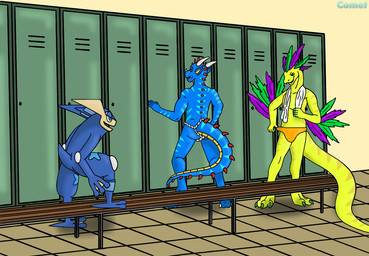 anthro asian_clothing bench blue_body clothing east_asian_clothing fundoshi group japanese_clothing locker_room male male/male speedo standing swimwear towel trio underwear yellow_body cometmystic21 mythology nintendo pokemon blytz_zap_dragon comet_(cometmystic21) itzal_eguzkia amphibian dragon frog generation_6_pokemon greninja lizard mythological_creature mythological_scalie pokemon_(species) reptile scalie digital_drawing_(artwork) digital_media_(artwork) shaded
