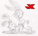 all_fours anthro anthro_on_anthro ass_up doggystyle duo female from_behind_position intraspecies male male/female sex simple_background tongue white_background jk tiny_toon_adventures warner_brothers yin_yang_yo! buster_bunny yin_(yin_yang_yo!) lagomorph leporid mammal rabbit crossover monochrome