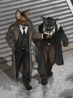 4_toes 5_fingers anthro biped bottomwear brown_body brown_fur cigarette claws clothed clothed_anthro clothed_male clothing duo eye_scar eyewear facial_scar feet finger_claws fingers fire fully_clothed fully_clothed_anthro fully_clothed_male fur glasses grey_body grey_fur holding_lighter holding_object inner_ear_fluff lighter male necktie outside pants raining scar standing toe_claws toes topwear tuft spuydjeks binturong mammal viverrid 2026 digital_drawing_(artwork) digital_media_(artwork) hi_res
