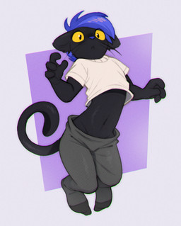 4_fingers anthro arms_bent bent_legs black_body black_eyes black_fur black_whiskers blue_hair blue_nose bottomwear clothed clothed_anthro clothed_male clothing eye_through_hair fingers front_view fully_clothed fully_clothed_anthro fully_clothed_male fur grey_bottomwear grey_clothing grey_legwear grey_tights hair legwear long_tail male male_anthro midriff monotone_body monotone_fur monotone_hair monotone_tail mouth_closed navel plantigrade pose purple_background shirt short_hair simple_background slim slim_anthro slim_male solo t-shirt tail tights topwear translucent translucent_hair whiskers white_background white_clothing white_shirt white_t-shirt white_topwear yellow_sclera rexyseven domestic_cat felid feline felis mammal 2026 english_description full-length_portrait hi_res portrait