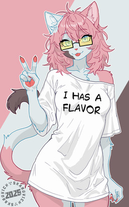 anthro blep blue_eyes brown_body brown_fur calico_pattern clothed clothing eyewear female fur glasses hair inner_ear_fluff looking_at_viewer off_shoulder oversized_clothing oversized_topwear pawpads pink_body pink_fur pink_hair pose shirt solo text text_on_clothing text_on_shirt text_on_topwear tongue tongue_out topwear tuft wearing_glasses white_body white_fur yellow_lens skarovich calico_cat domestic_cat felid feline felis mammal 2025 5:8 absurd_res artist_name digital_drawing_(artwork) digital_media_(artwork) hi_res signature