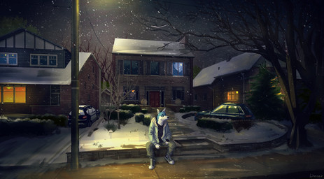 5_fingers anthro black_clothing black_shirt black_topwear blue_body blue_fur bottomwear brick_wall building car chimney clothing detailed_background door fingers footwear fur green_eyes grey_bottomwear grey_clothing grey_pants hoodie house lamp looking_aside male multicolored_body multicolored_fur night outside pants plant sad shirt shoes sidewalk sitting sneakers snow snowing solo stairs street street_lamp topwear tree vehicle wall_(structure) white_body white_fur wind window winter wire liossar canid canine canis mammal wolf 2021 absurd_res digital_media_(artwork) digital_painting_(artwork) hi_res painting_(artwork)