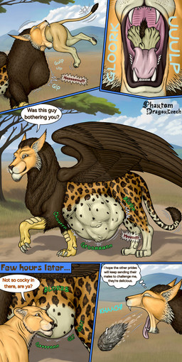 belly big_belly black_nose black_tail_tip blue_eyes brown_body brown_eyes brown_fur brown_spots brown_wings claws dialogue digestion dipstick_tail eyes_closed female feral fur group hairball head_first male male_pred male_prey markings oral_vore orange_body plant rumbling_stomach speech_bubble spots struggling struggling_prey tail tail_markings talking_feral text tongue tree trio vomiting vore whiskers white_body white_claws white_fur white_legs white_tail wings dragonczech mythology avian gryphon mythological_avian mythological_creature 2025 absurd_res comic english_text hi_res