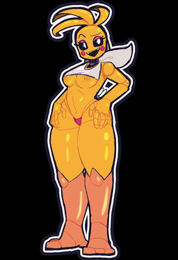 anthro areola avian_feet beakless bib black_background black_sclera breasts clothing eyelashes eyeshadow feathers female fingers front_view head_feathers head_tuft looking_at_viewer machine makeup navel nipples open_mouth open_smile pink_clothing pink_eyeshadow pink_thong pink_underwear rosy_cheeks simple_background smile solo thick_thighs thong tuft underwear white_eyes wide_hips yellow_body yellow_feathers xrobinsfw five_nights_at_freddy's five_nights_at_freddy's_2 scottgames toy_chica_(fnaf) animatronic avian bird chicken galliform phasianid robot 2025 digital_media_(artwork)